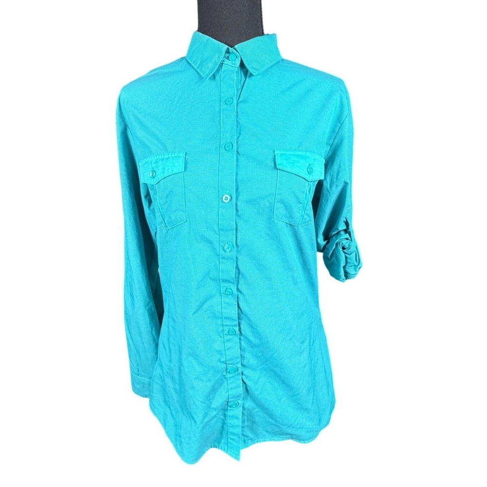 Kuhl womens‎ Medium Teal Button Up Long Sleeve Shirt Roll Tab Chest Pocket